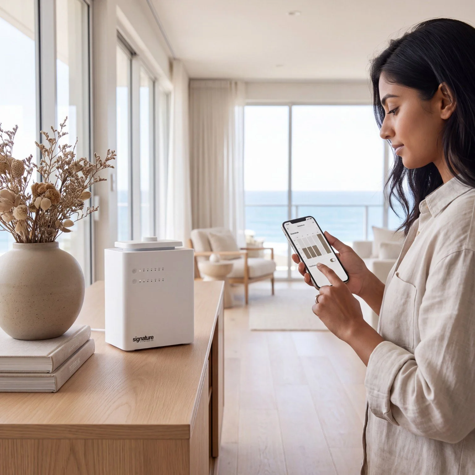 White home scent diffuser with app controls in a bright coastal living room.