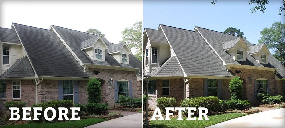 A comparison of a house roof before and after cleaning. The left side shows a dirty roof, while the right side displays the same roof, now clean and bright. The house has a brick exterior, several windows, and a landscaped yard with shrubbery.