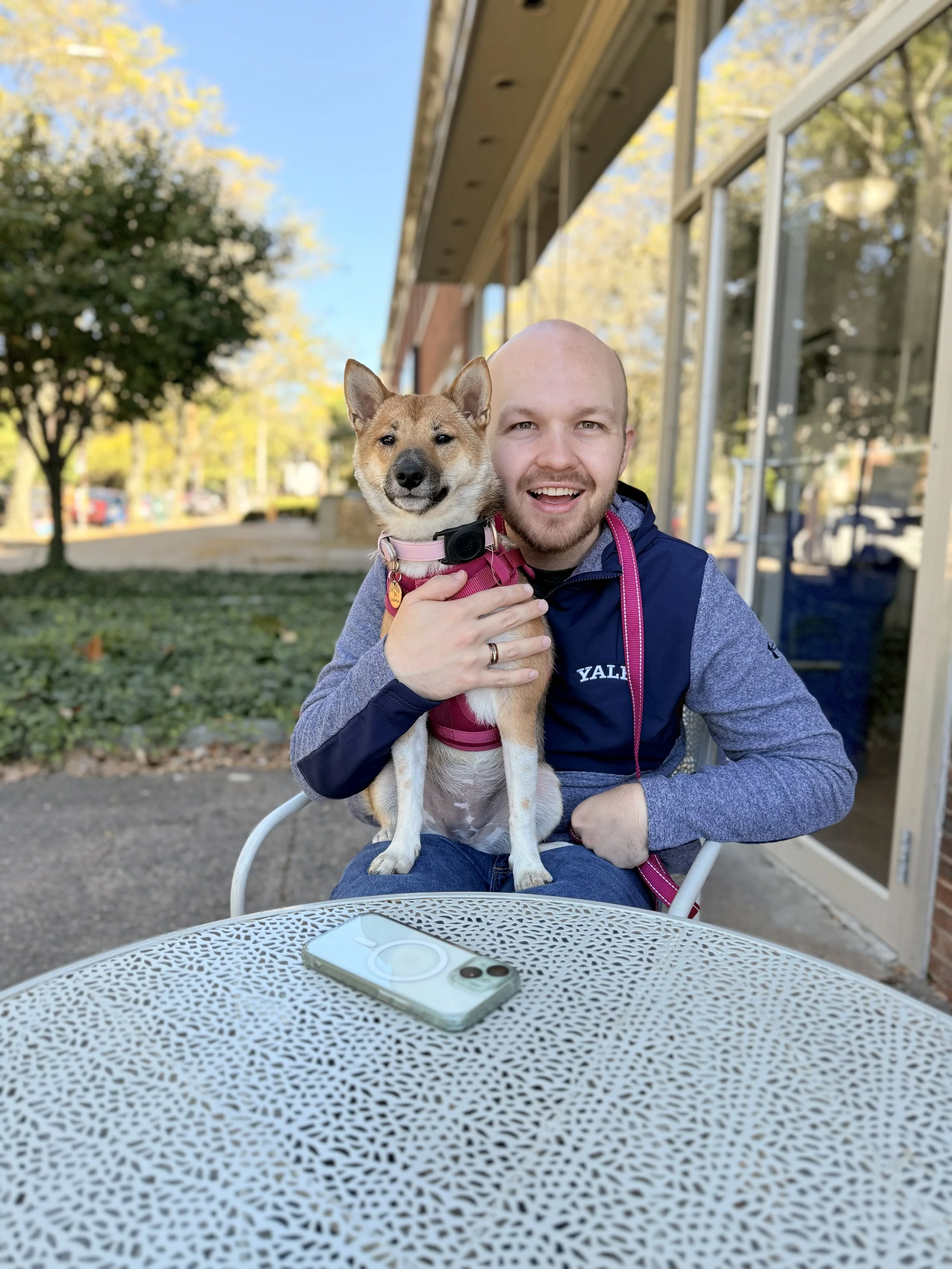 A person sitting at an outdoor table holding a small dog, with a phone on the table. The building's glass windows reflect nearby trees.