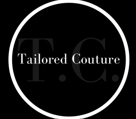 Logo with a black background and white circular border, featuring the text 'T.C.' in large, light gray letters and 'Tailored Couture' in smaller, white letters across the center.