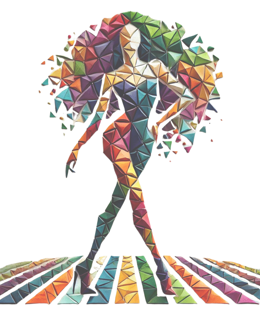 Colorful geometric sculpture of a woman holding an umbrella, made from triangular shapes in various colors.