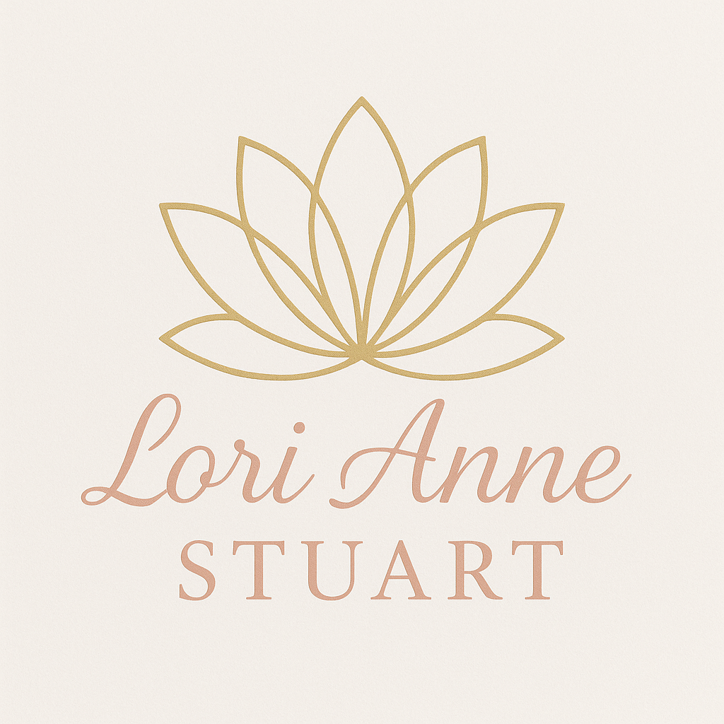 A logo with a gold outline lotus flower above the text 'Lori Anne Stuart' on a light background.