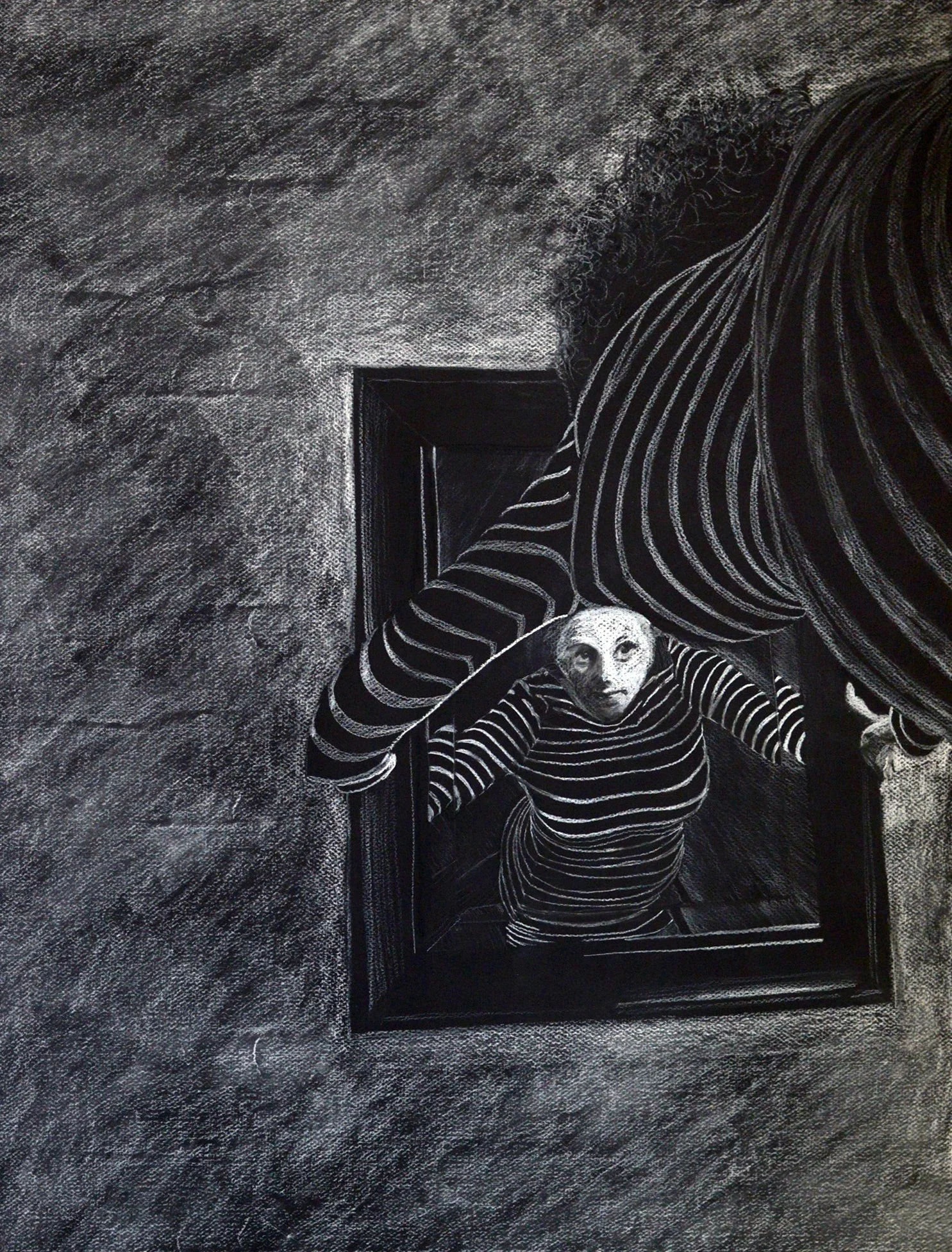 'Self portrait'. 2018, charcoal pencil and Conte on black card, 75x55cm