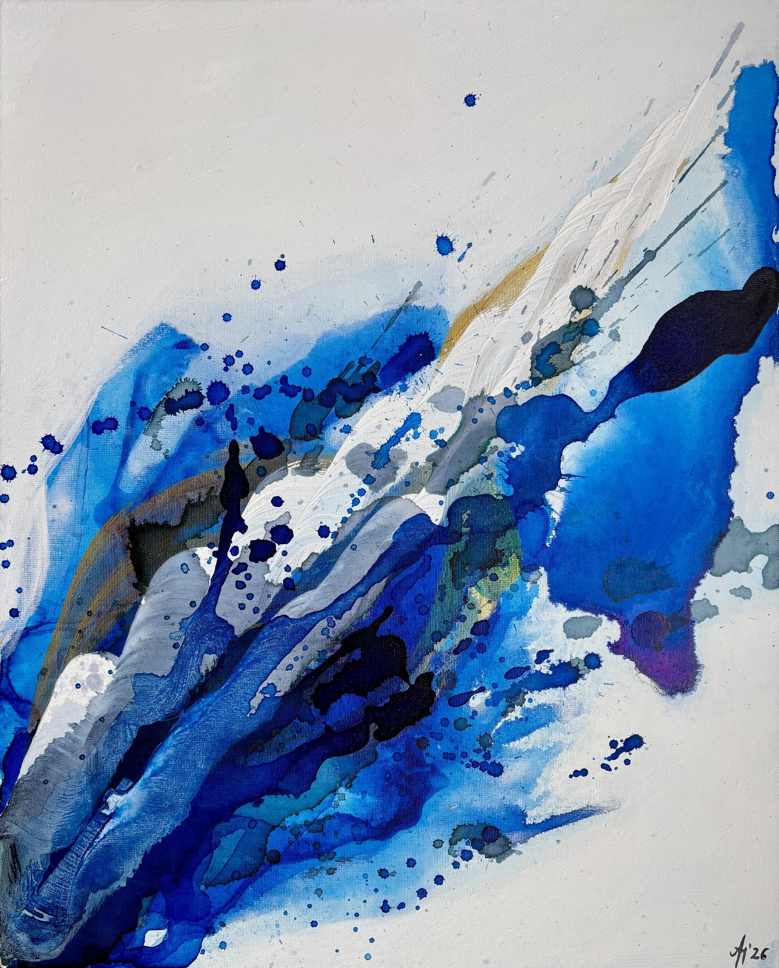 „Carried by Water“, 40x50 cm, mixed media, 600 € + shipping. Currently on view. Available upon request.