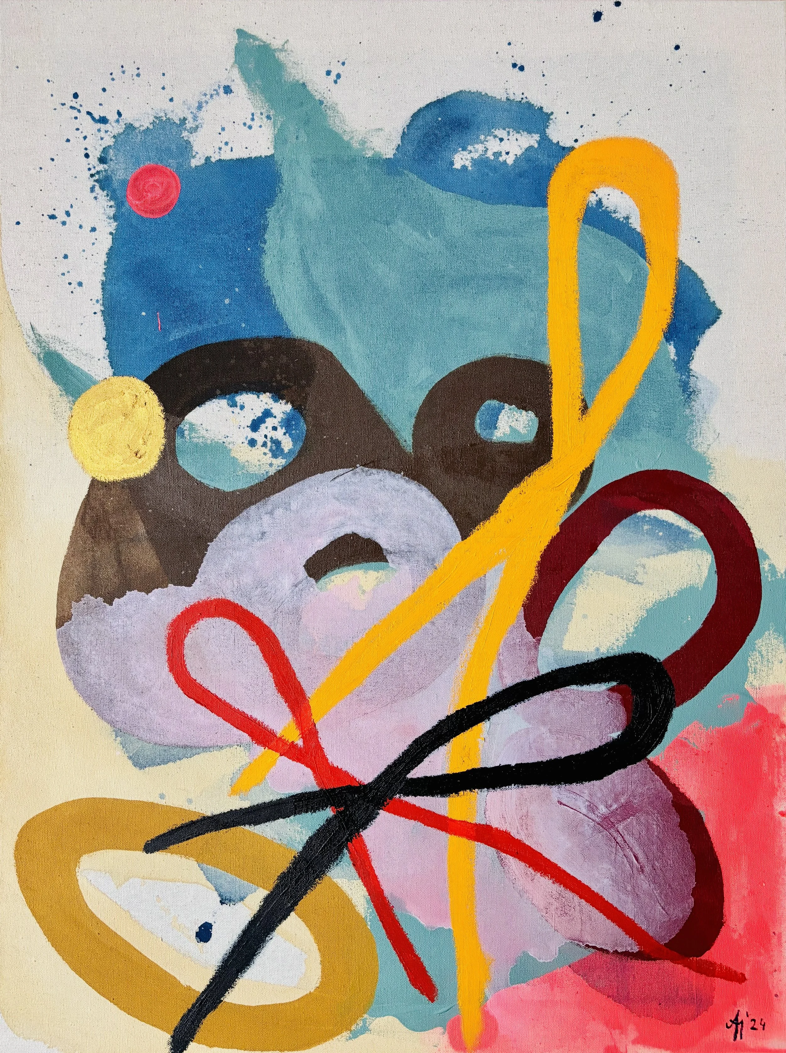 „At Ease“, 60x80cm, mixed media on raw canvas, 1400 € + shipping. Currently on view. Available upon request.