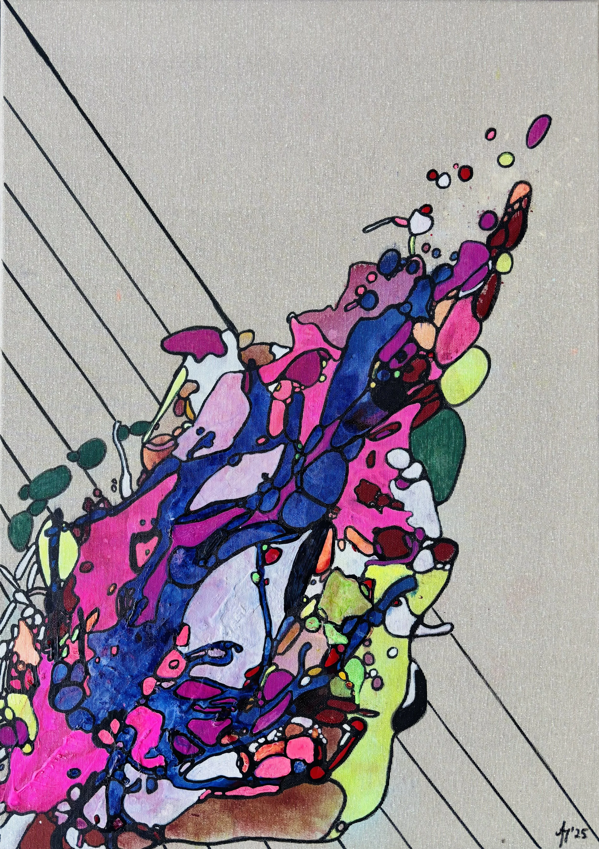 „Flowing Instinct“, 50x70cm, mixed media on raw canvas. Sold.