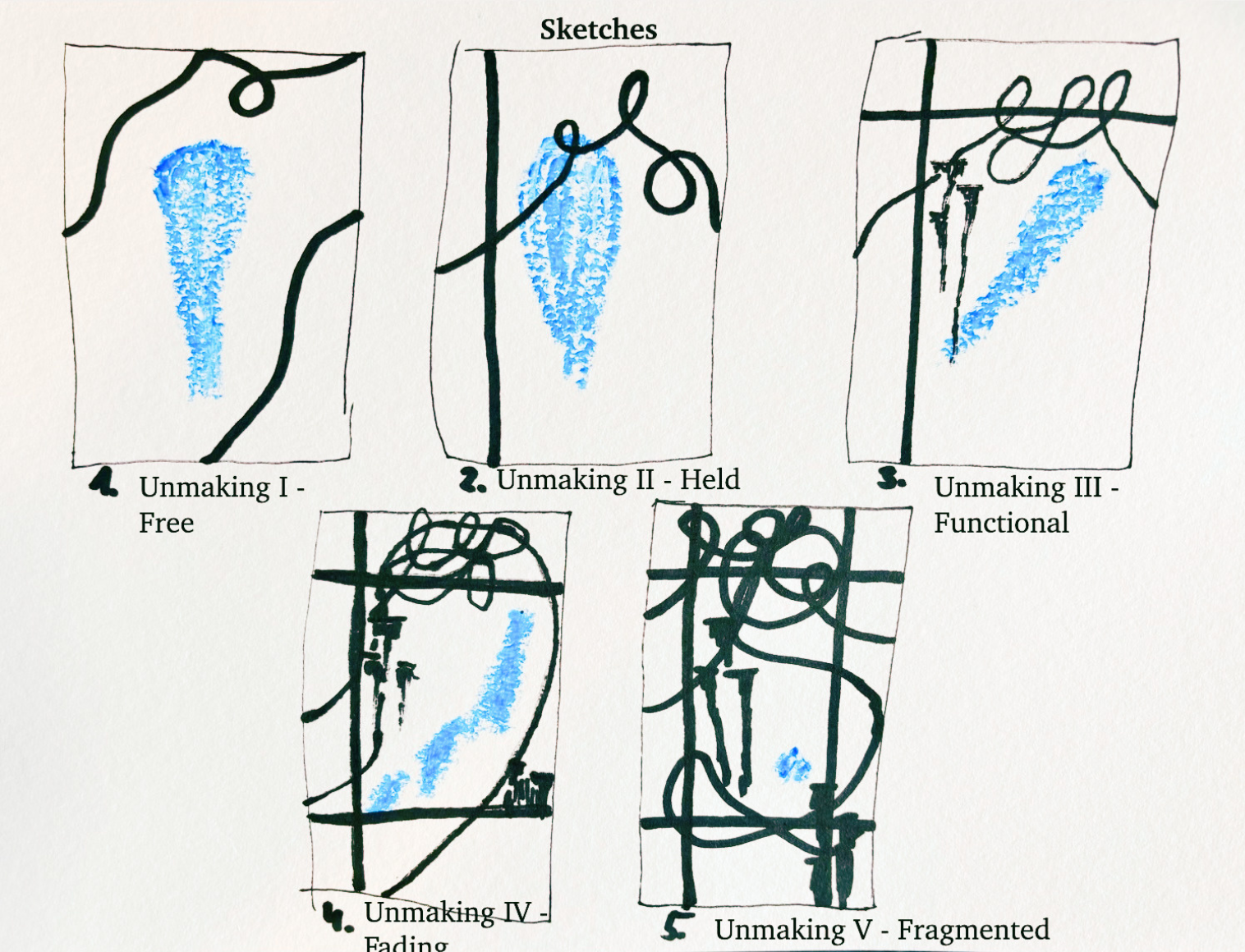 Sketches showing the five stages of the Unmaking series, from Free to Fragmented, with blue forms and black structural lines