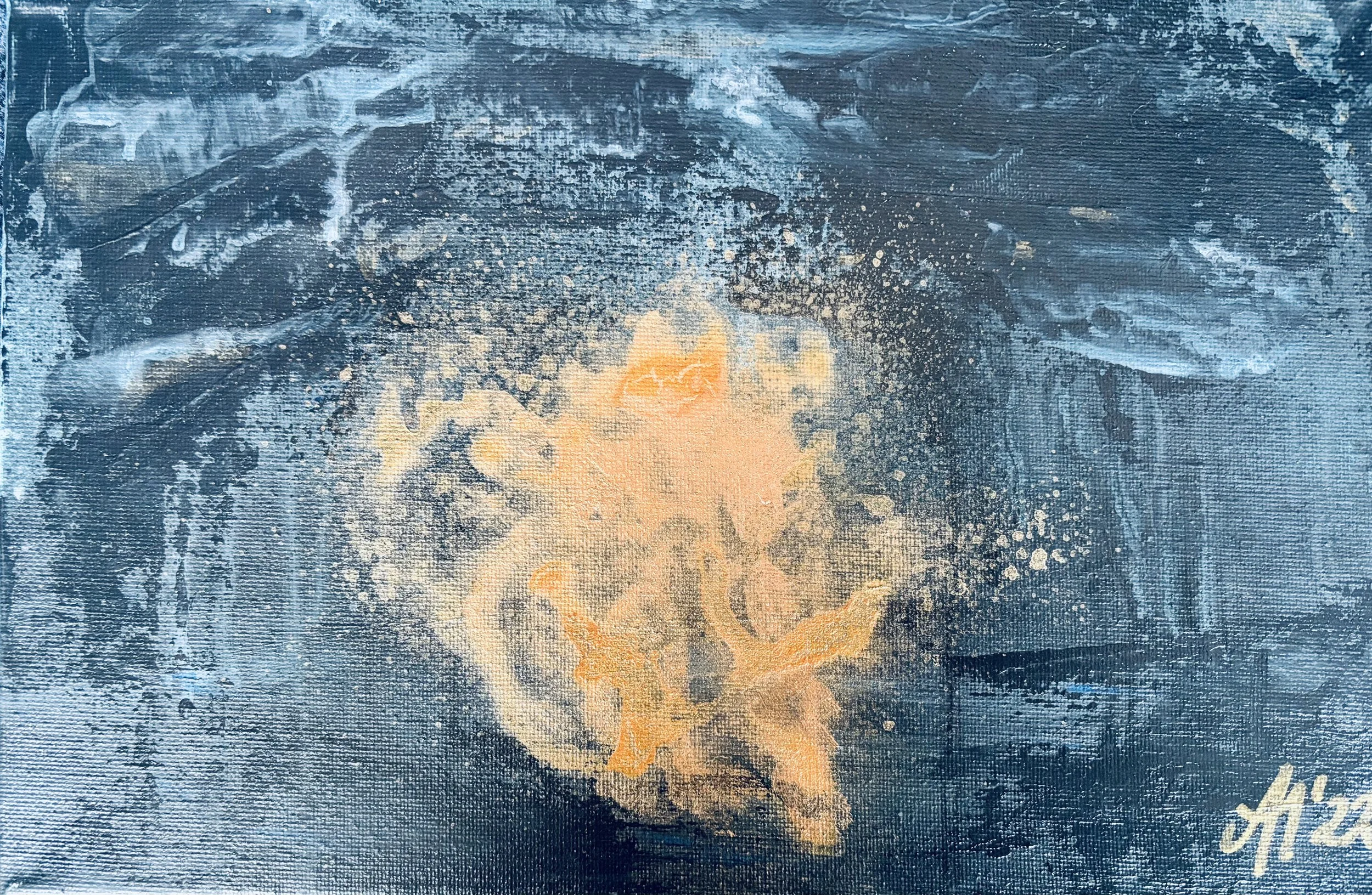 „Golden Splash On Blue 1“, 30x20cm, acrylic on canvas.