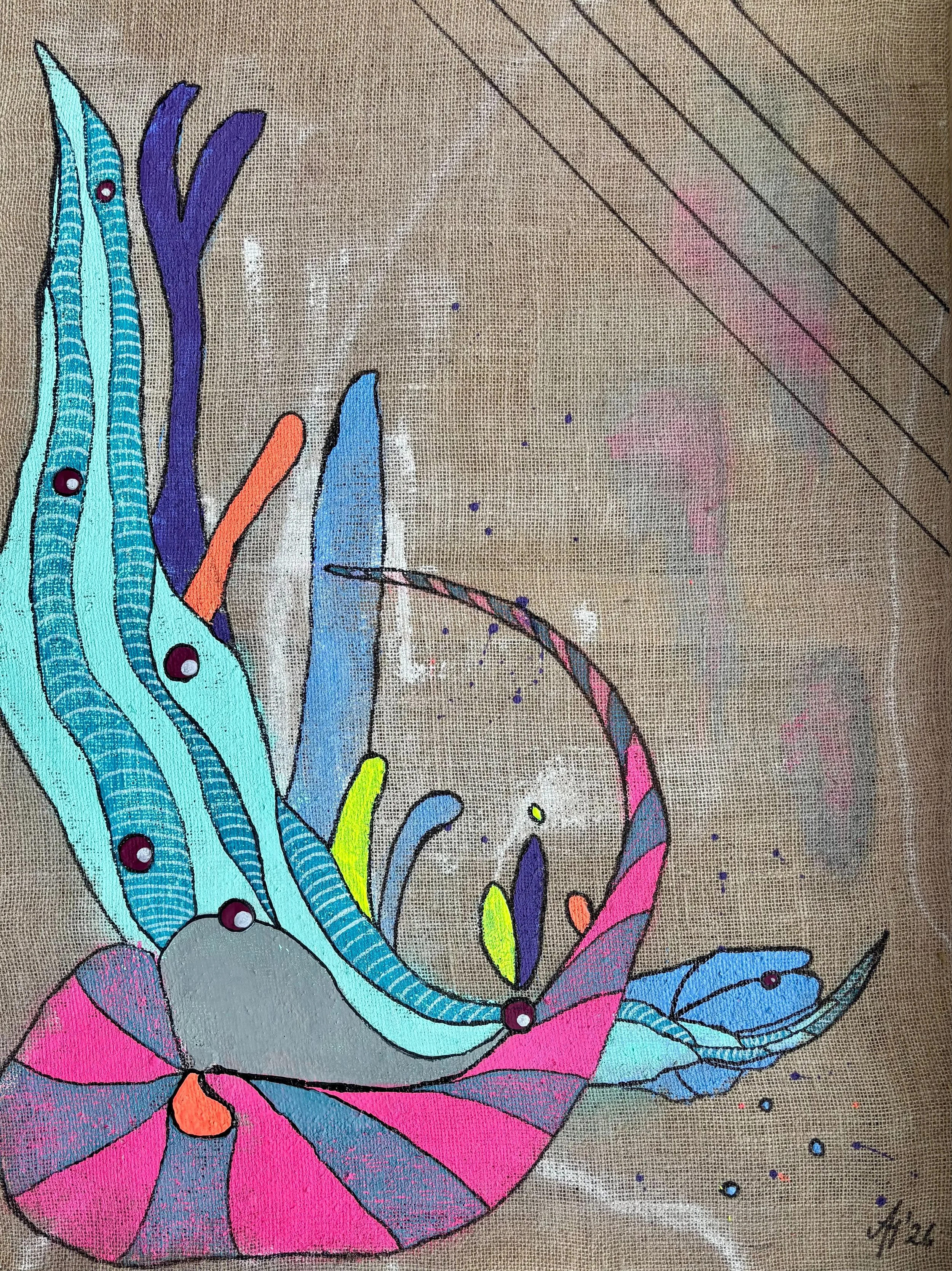 „On Rough Ground“, 60x80cm, mixed media on raw coffee sack, 1400 € + shipping