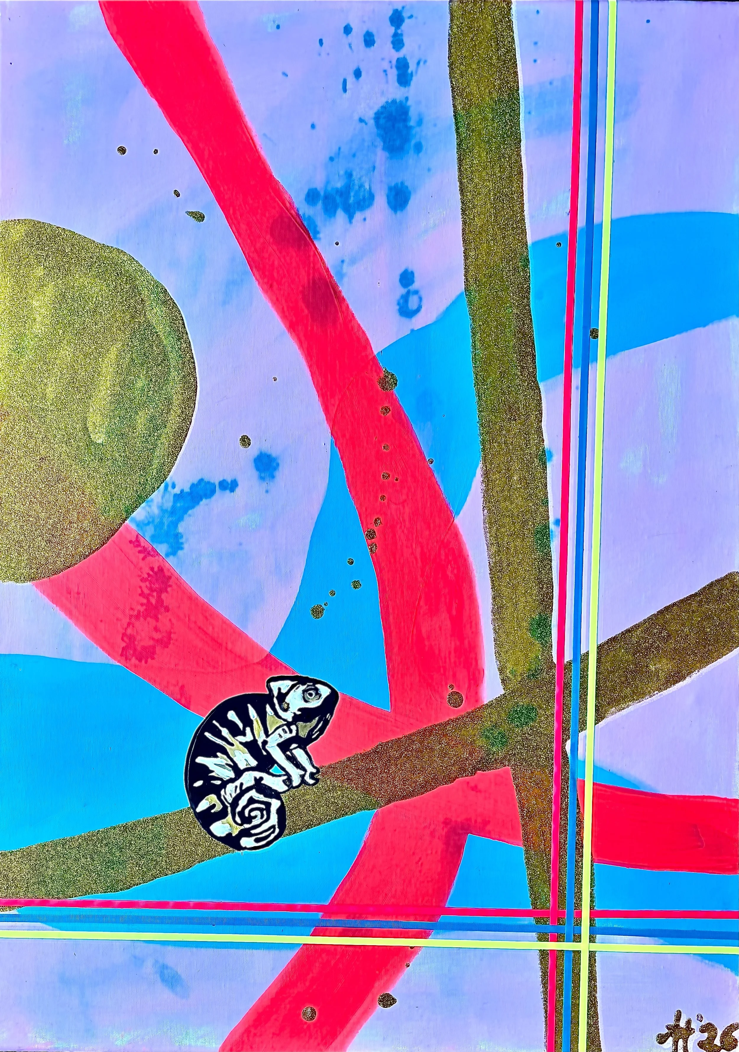 “Abstract Zoo II – Chameleon”, 50×70 cm, mixed media.