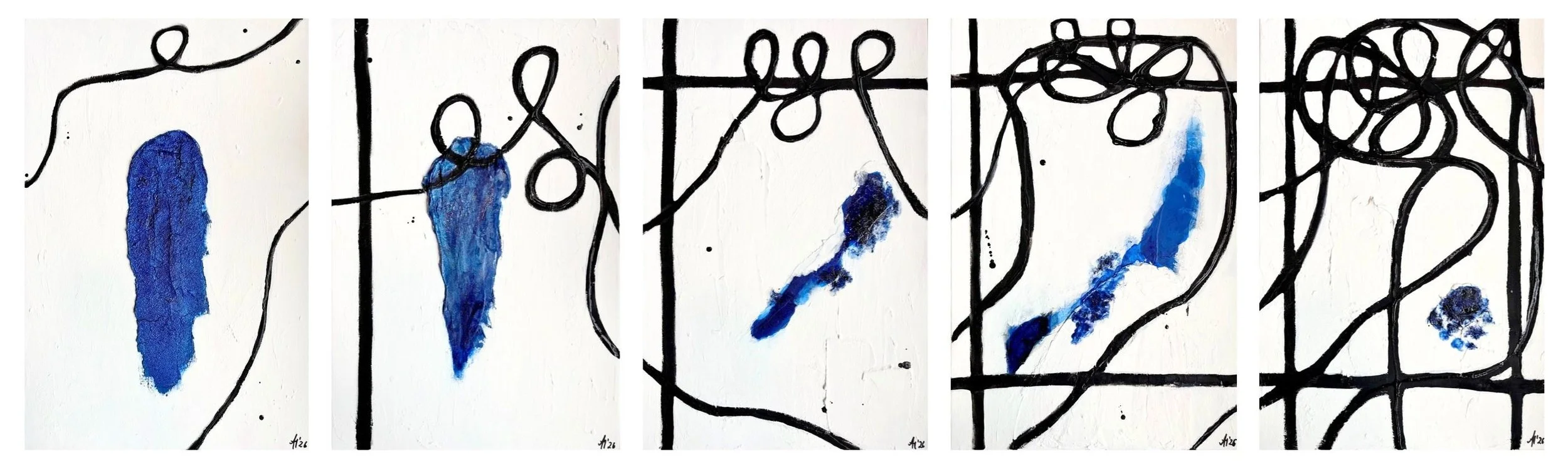 Five paintings from the Unmaking series showing the progression from Free to Fragmented with blue forms and black structural lines
