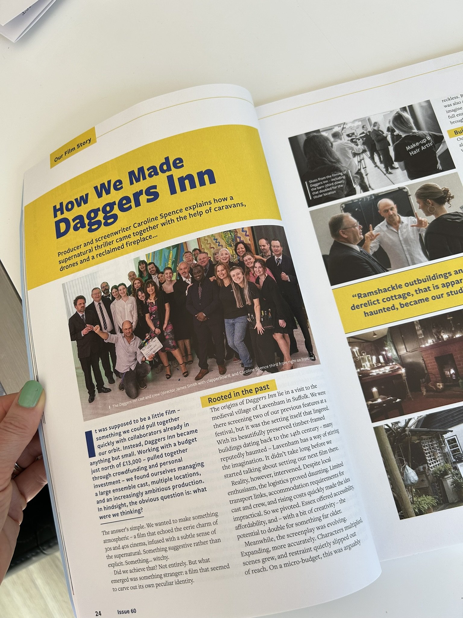 Open magazine pages with the article titled "How We Made Daggers Inn" featuring a group photo of a diverse people, and black and white behind-the-scenes photos of filming and a discussion scene. Photos by Catherine Stratford.