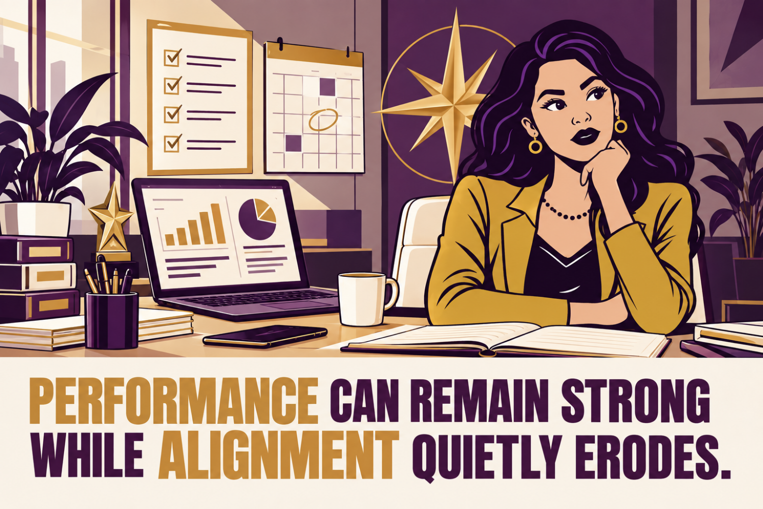 Illustrated professional at an organized desk with completed tasks and performance charts while appearing emotionally disconnected.