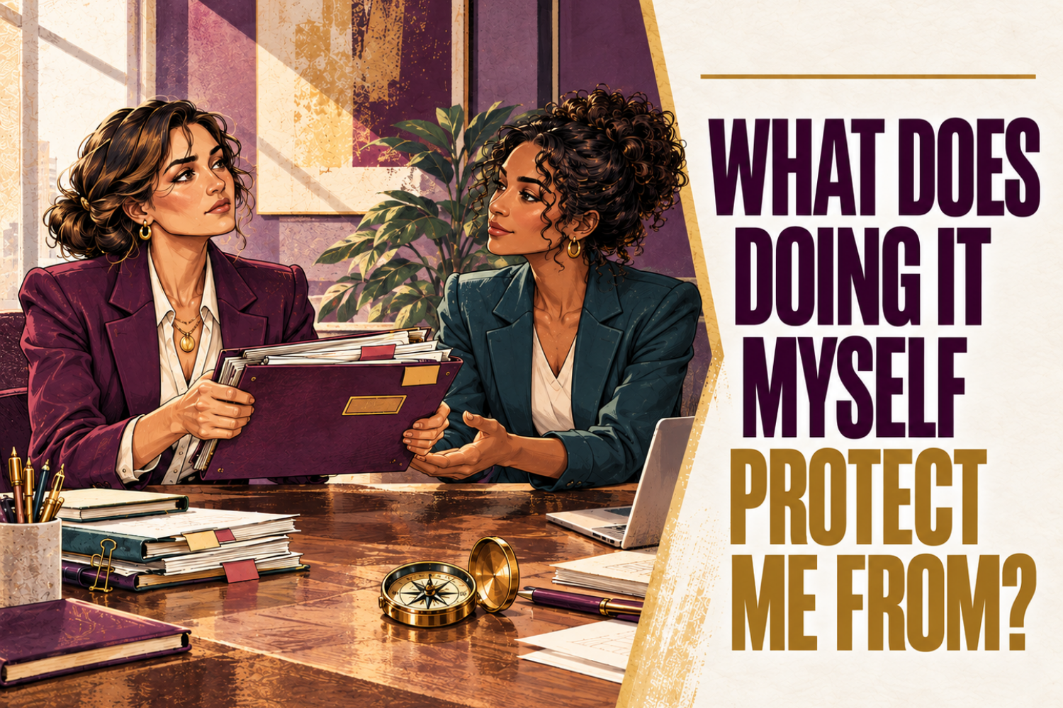 Editorial illustration of a leader gripping a project folder while a capable colleague waits to receive it, representing the challenge of trust and delegation.