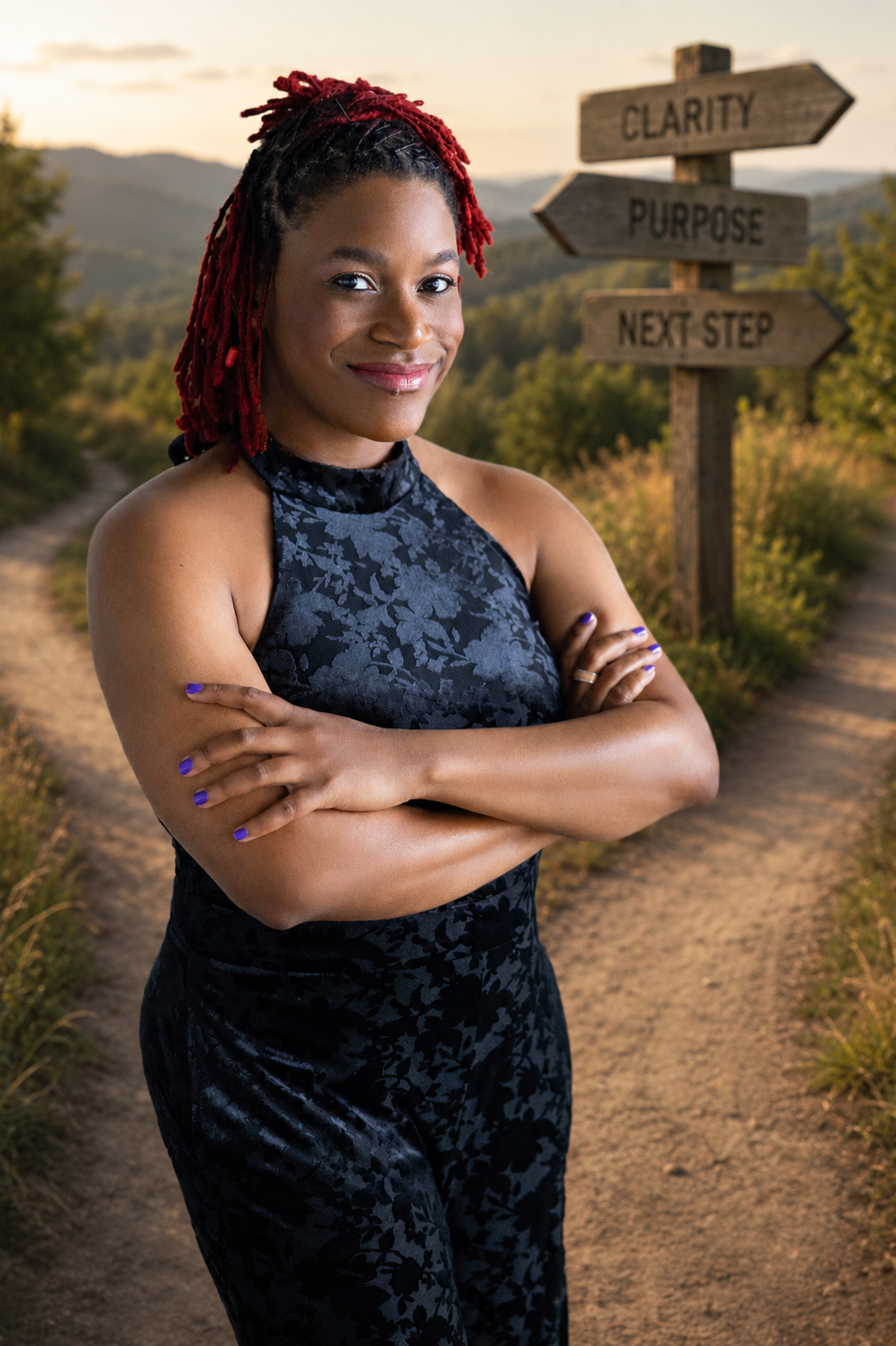 Siobhan Cunningham, women veteran and leadership speaker, standing confidently on a mountain trail beside a wooden signpost reading Clarity, Purpose, and Next Step