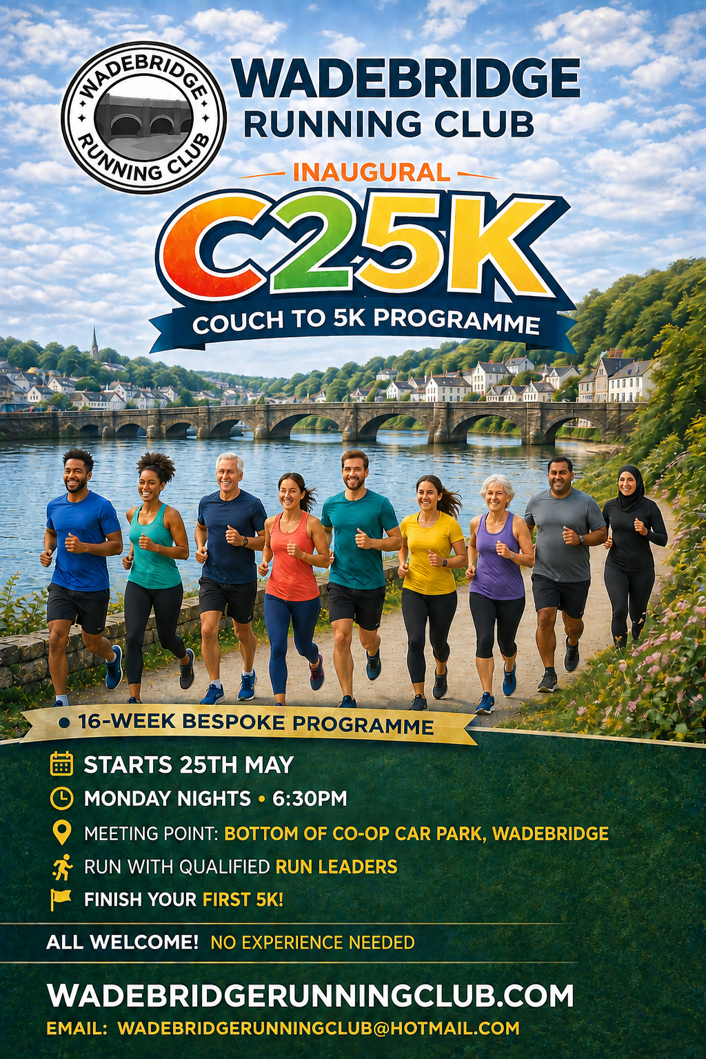 A promotional poster for an inaugural Couch to 5K running program organised by Wadebridge Running Club, featuring a diverse group of runners along a scenic riverside with houses and a bridge in the background.
