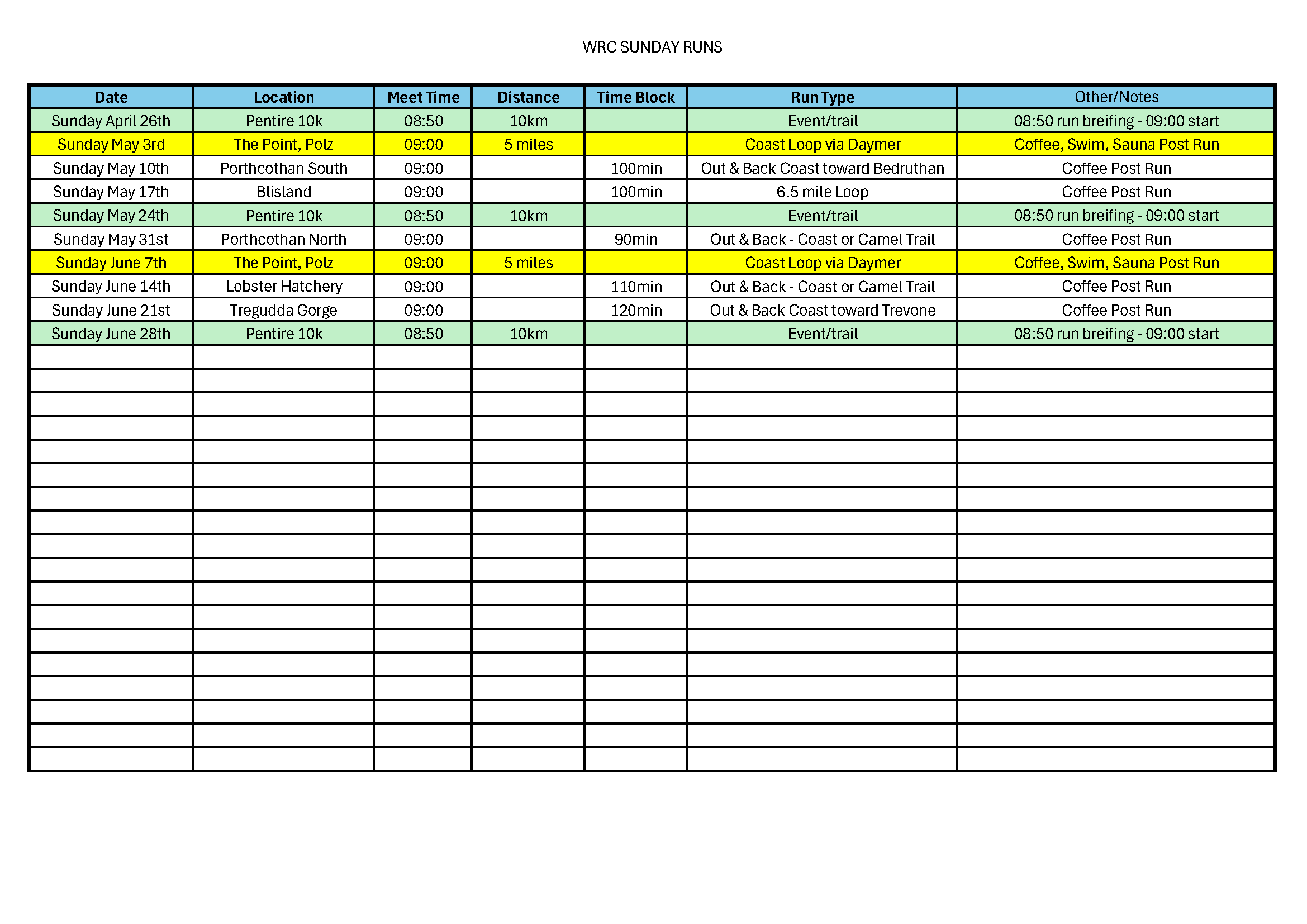 Schedule of WRC Sunday Runs with dates, locations, times, distances, and notes, highlighting events on specific Sundays in April, May, and June.