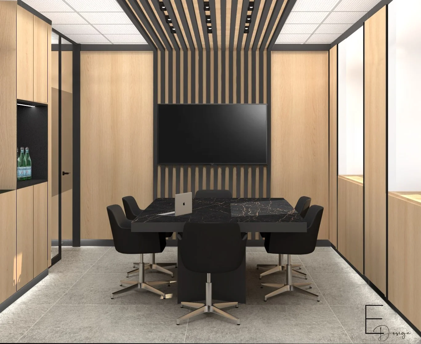 Sala riunioni moderna con pareti in legno chiaro, tavolo in marmo nero e sei sedie nere rotanti.