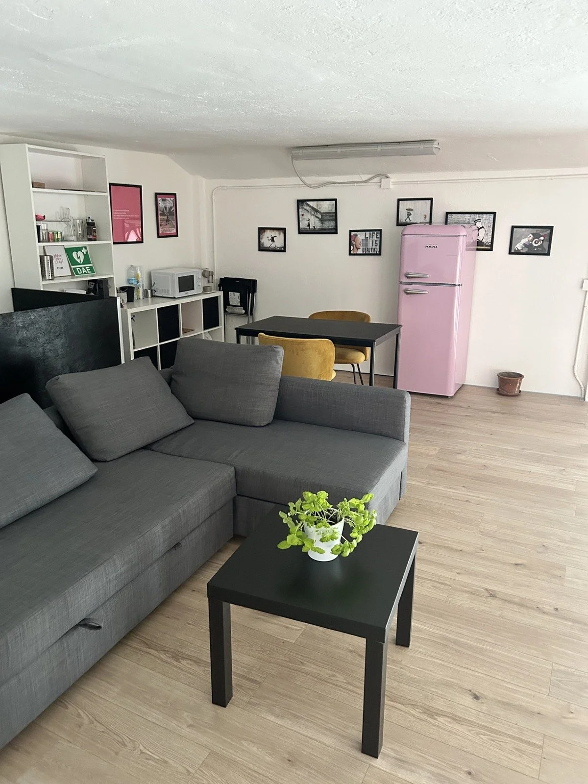 Interno di un soggiorno con divano grigio, tavolino nero con pianta verde, in fondo cucina con frigorifero rosa, tavolo con sedie gialle, parete decorata con fotografie e quadri, e scaffali con vari oggetti.