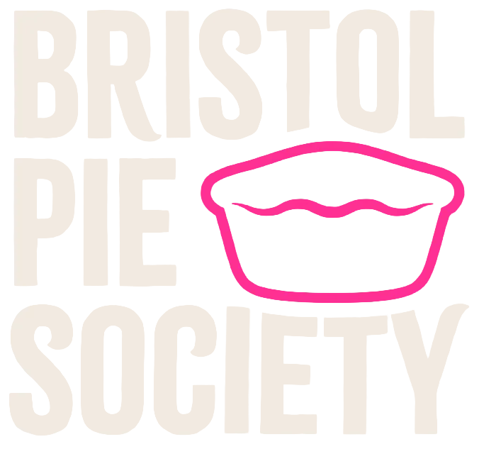 A neon pink outline of a pie with the Bristol Pie Society Logo