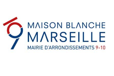 Logo de la "Maison Blanche Marseille Mairie d’Arrondissements 9-10" avec un design en rouge et bleu.