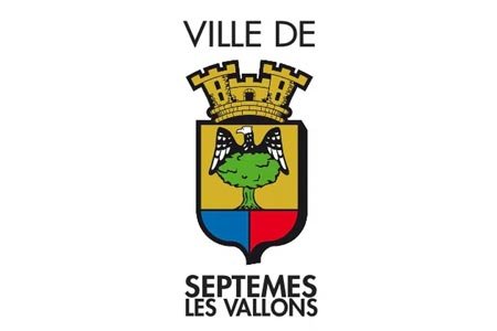 Blason de la ville de Septèmes-les-Vallons avec couronne murale, aigle, et arbre sur fond coloré.