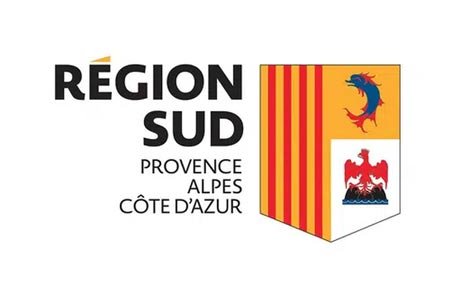 Logo de la Région Sud Provence-Alpes-Côte d'Azur avec un blason à rayures et des symboles.