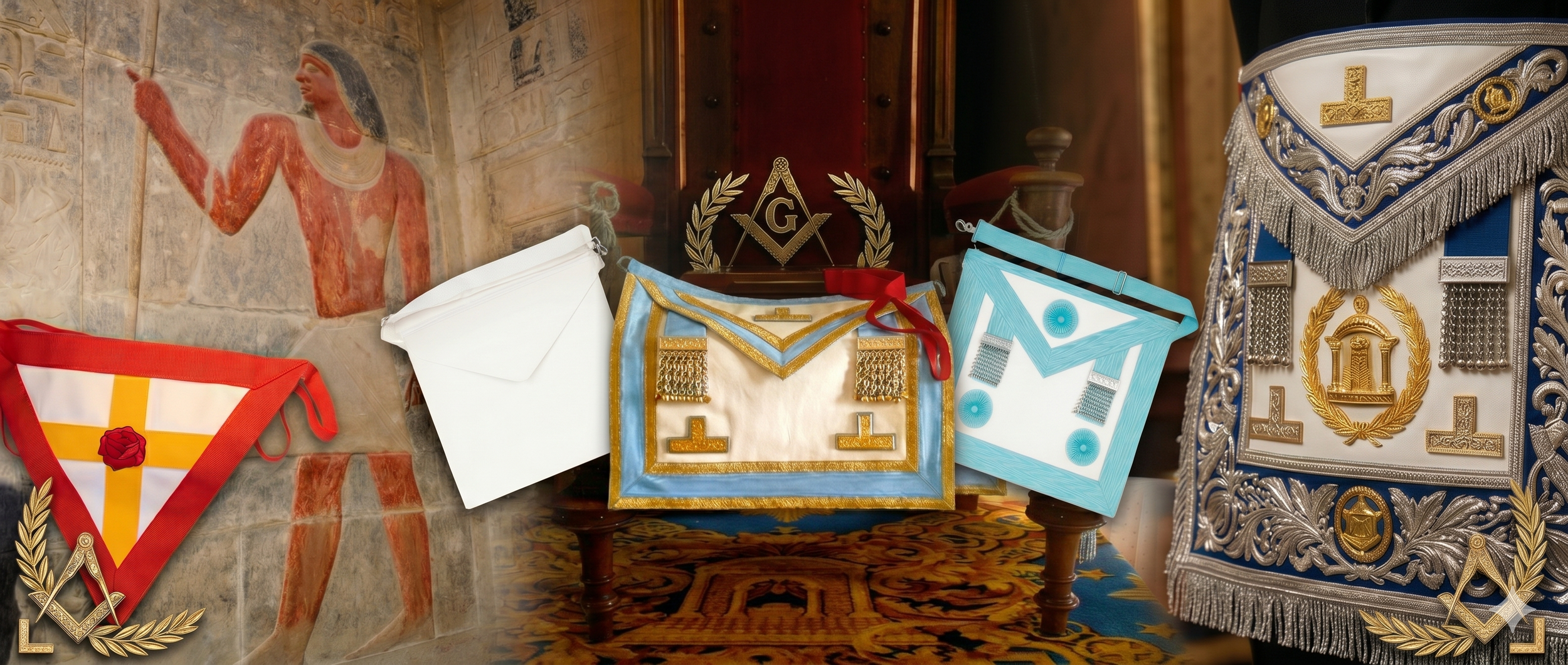a collage of images showing a range of initiatic aprons from across the masonic and rosicrucian traditions