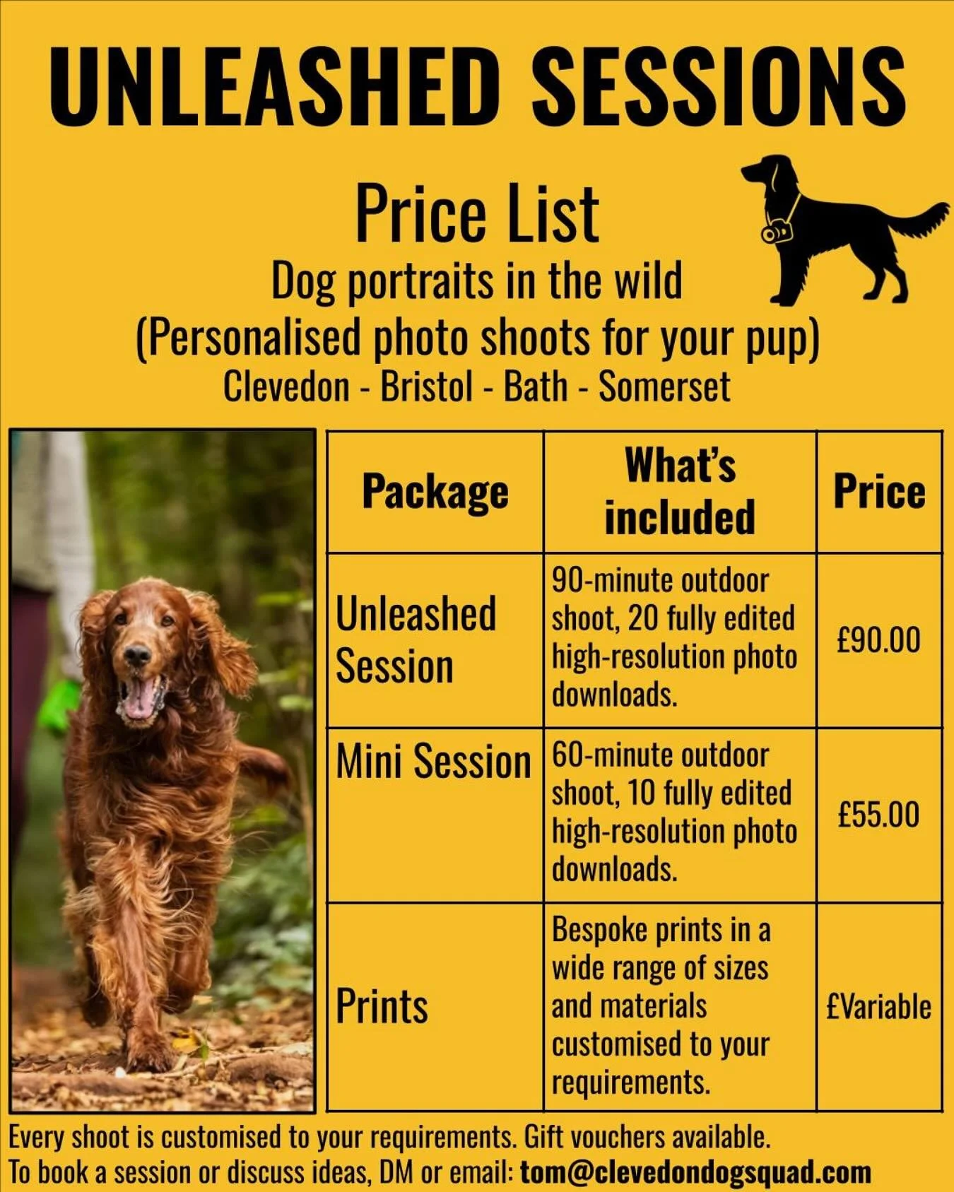 🐕 UNLEASHED SESSIONS 📸
Bespoke outdoor dog photography sessions designed to capture the best qualities of your dogs personality in the freedom of nature. These photo shoots are customised to your requirements and guarantee high-resolution images of
