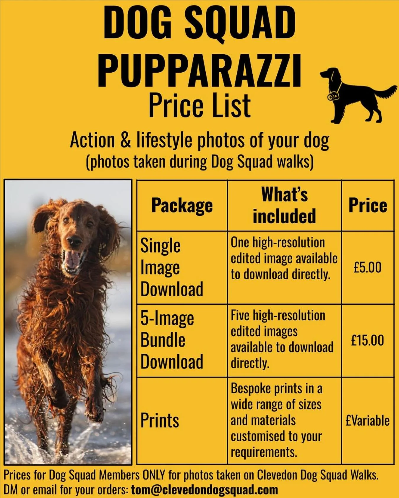 📸 DOG SQUAD PUPPARAZZI 📸
Did your pup strike a pose on a Clevedon Dog Squad walk?
You can now download beautiful high-resolution images of your dog - perfect for printing, sharing or gifting.

Choose a single image from the low resolution photos al