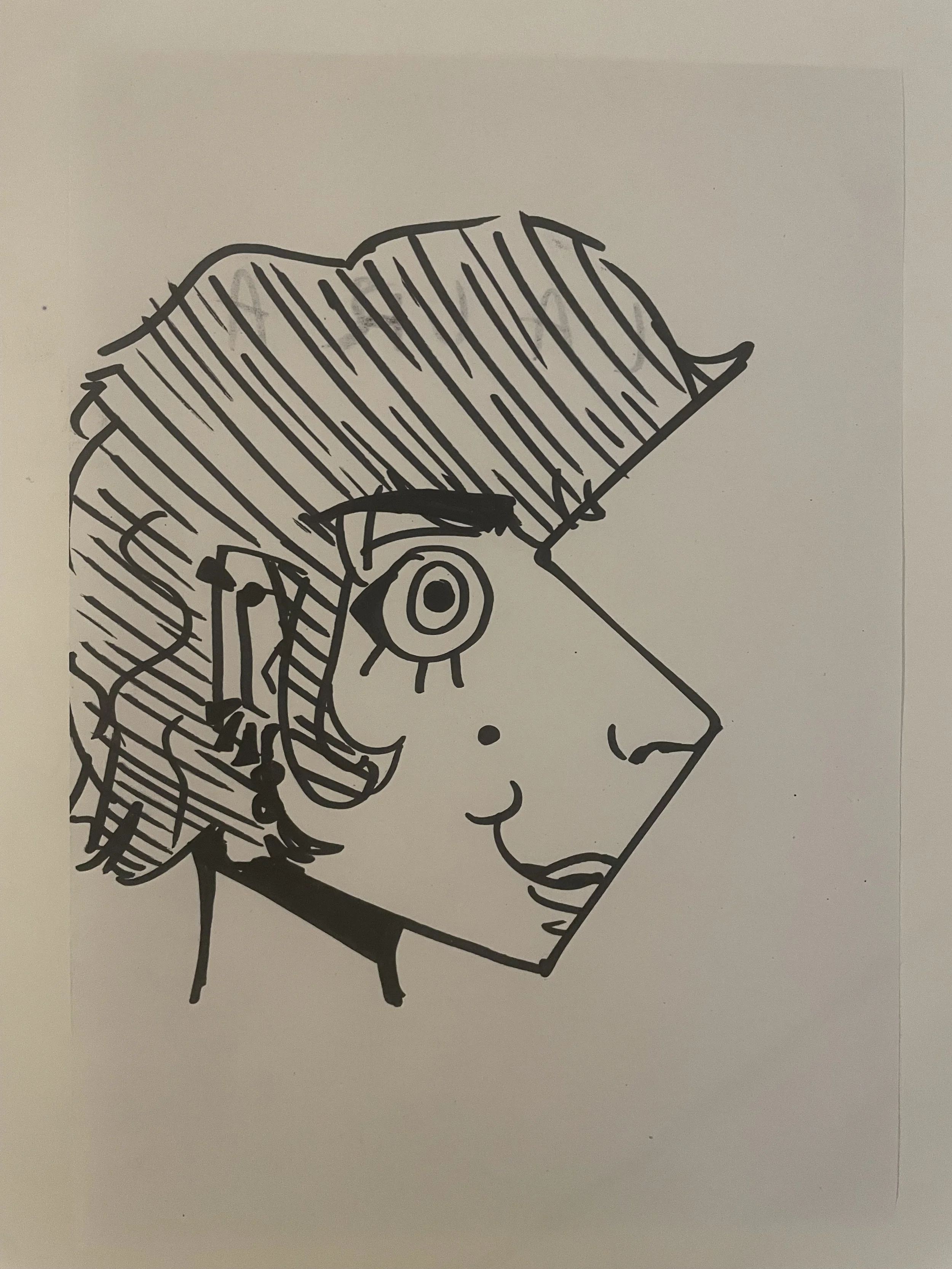 A zig zag over a face, smiling with a curve of hair.