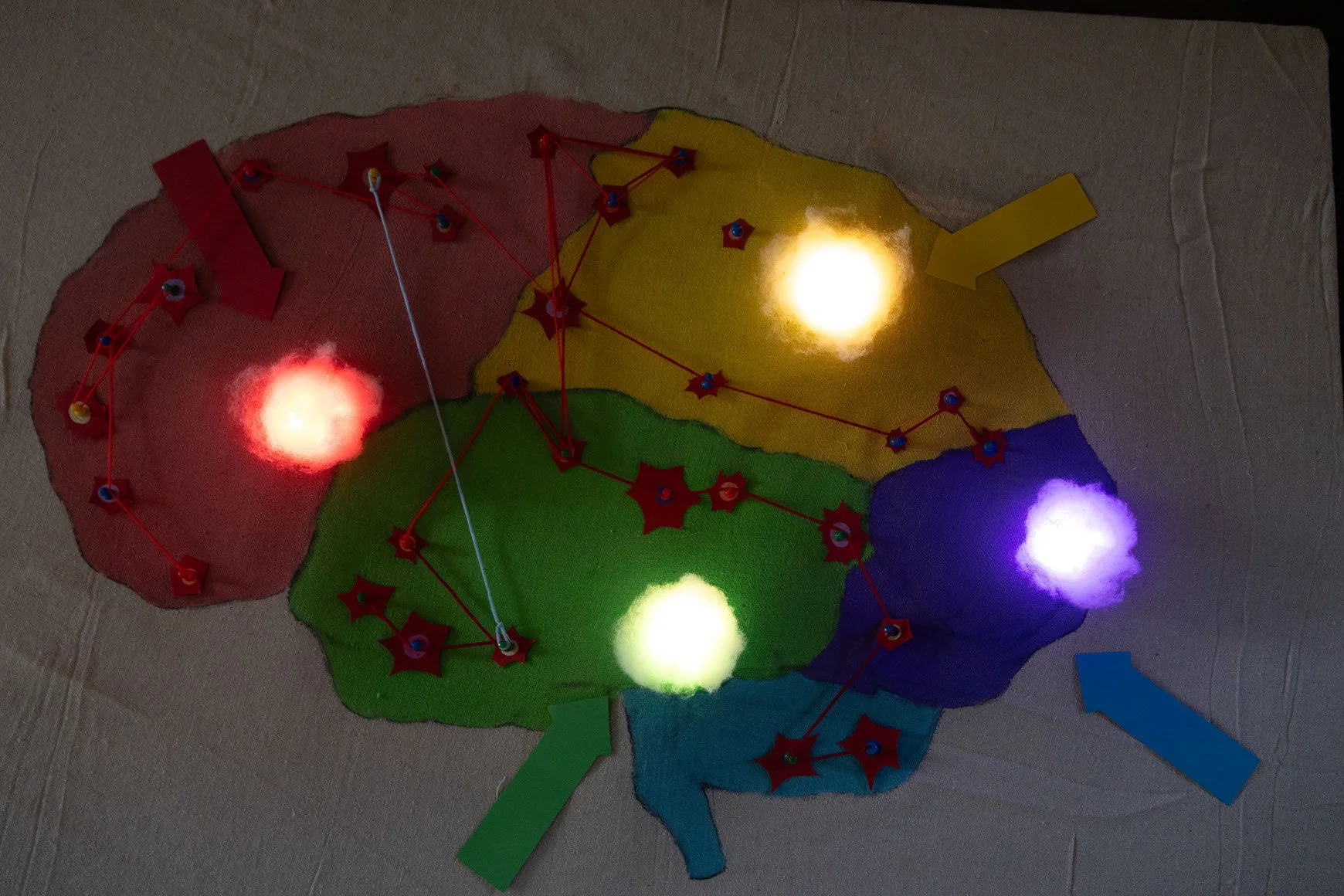A colourful image of the human brain, with red dots and lines connecting different sections. Small lights surrounded by fluff light up areas in different colours - red, green, yellow, purple.