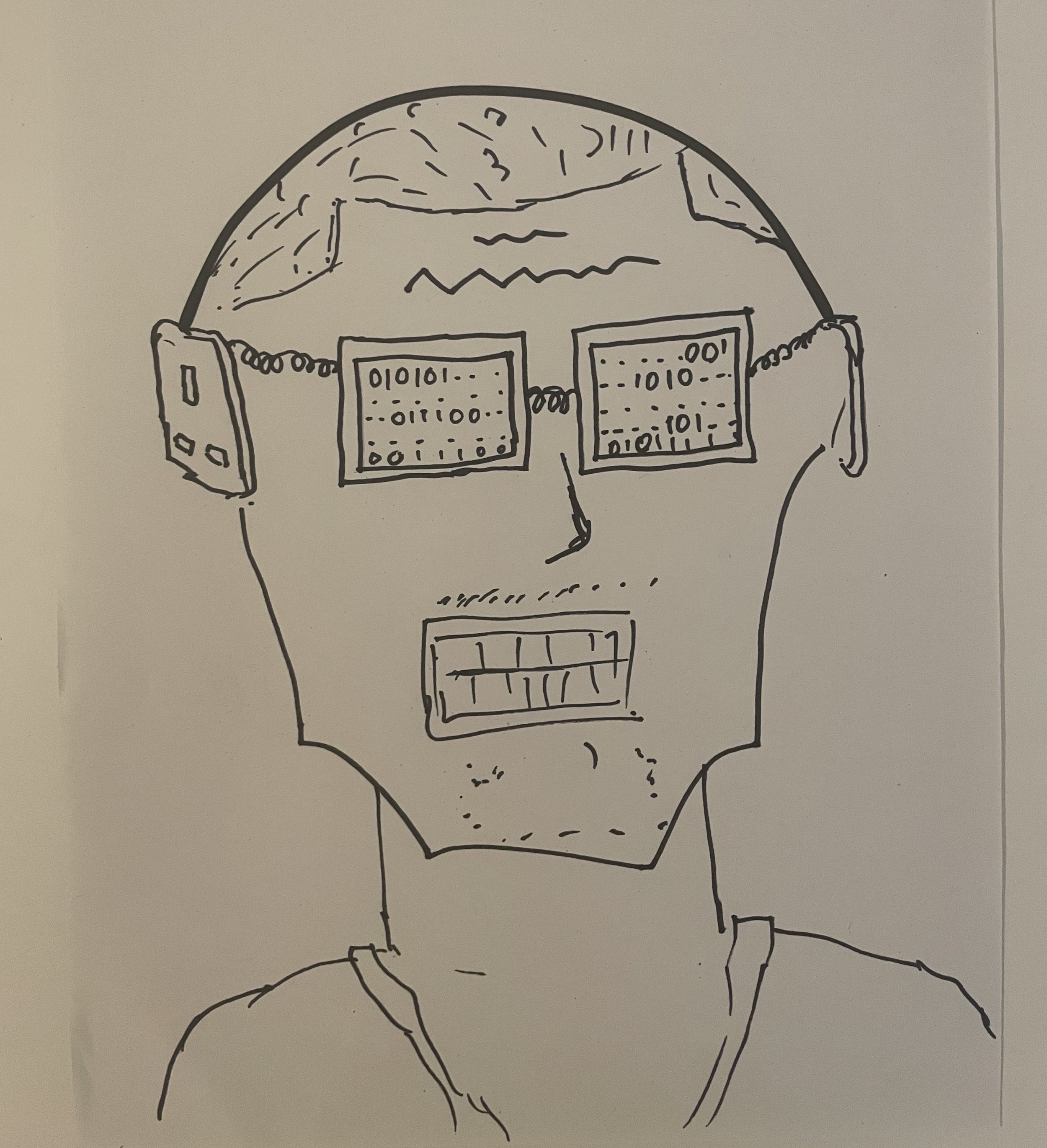 A face with plug sockets for ears and glasses showing binary code of 0s and 1s.
