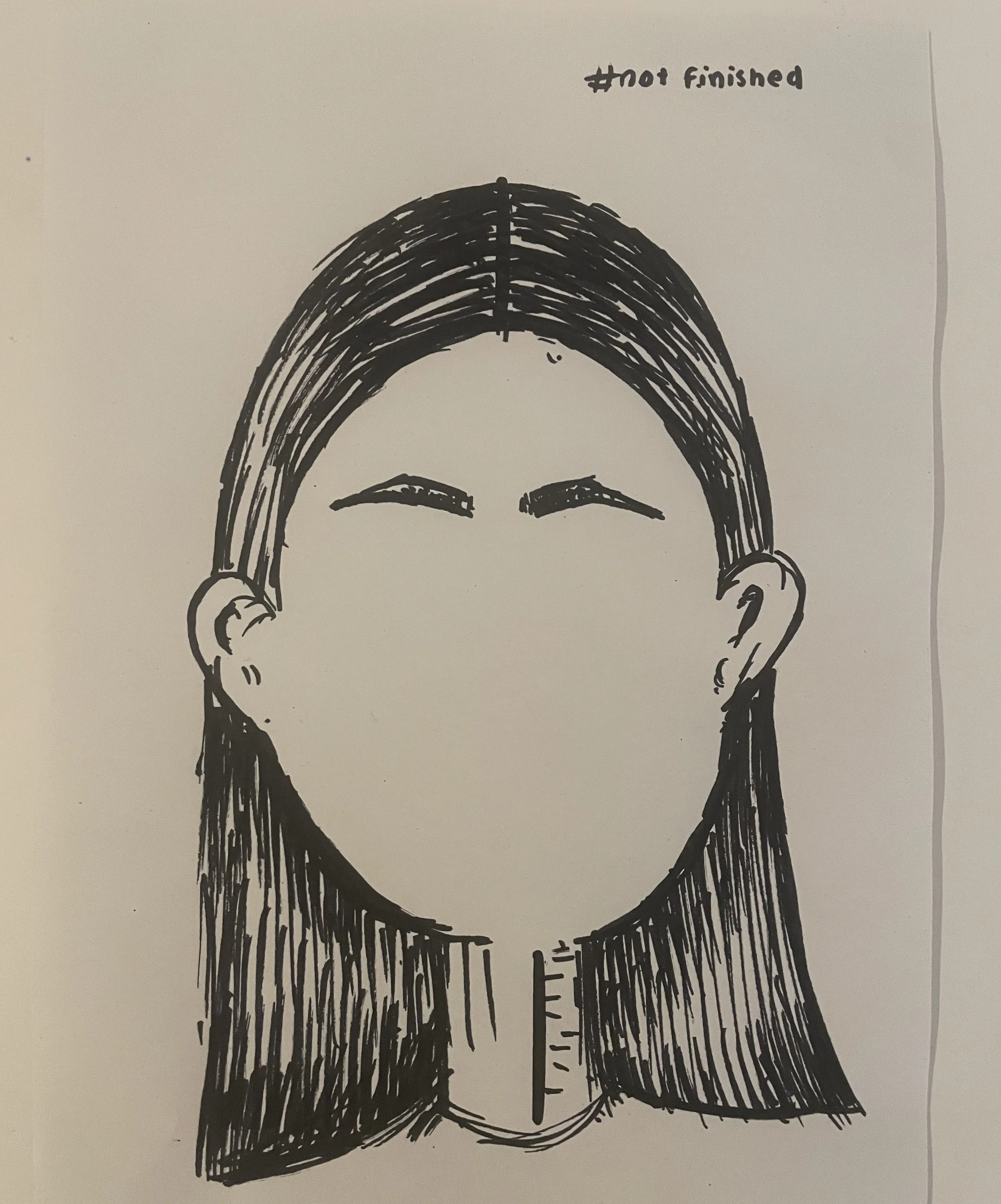 A face with no features but hair and eyebrows. Text reads '#not finished'