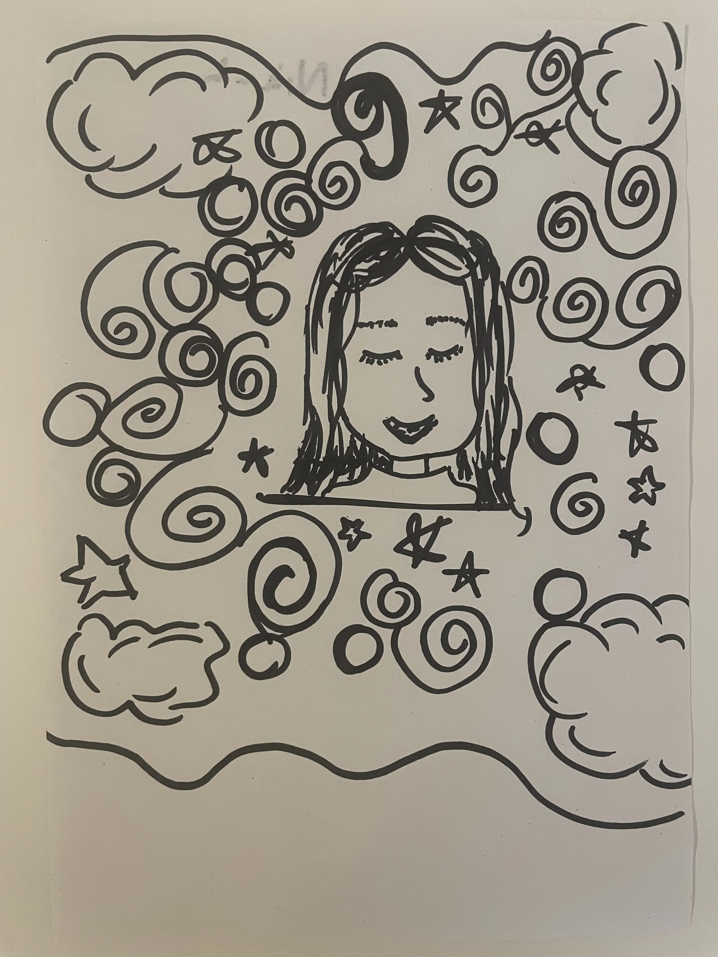 A sleeping face surrounded by swirls and clouds.