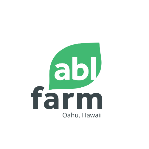 A logo for Aloha Aina Boutique Farm in Honolulu, Hawaii, featuring a green leaf with the words 'abl farm' inside.