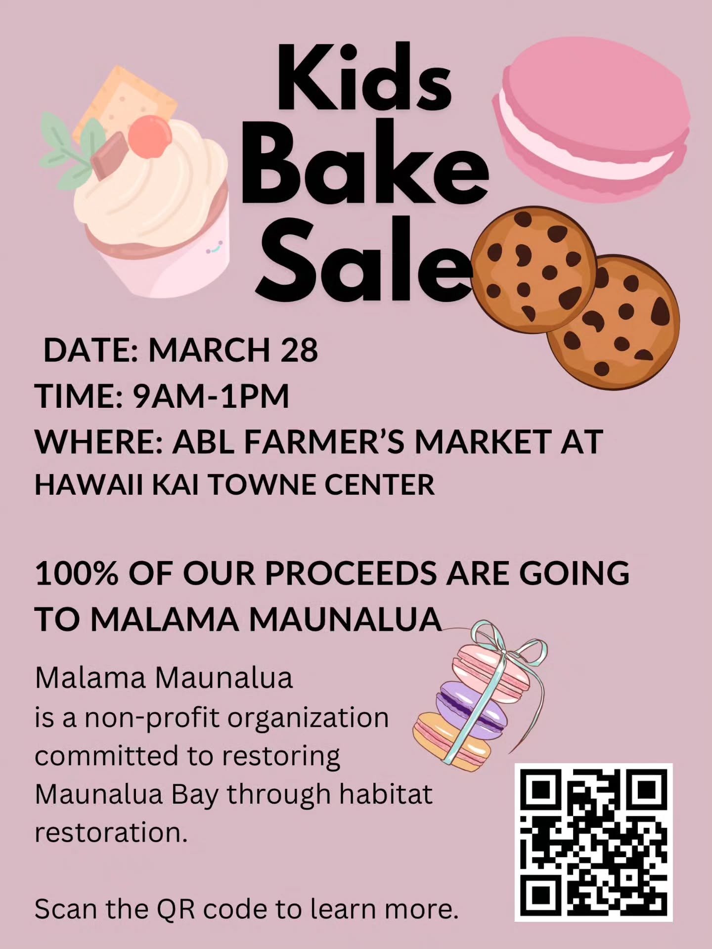 Sweet treats for a sweet cause 🍪✨ Support our keiki bake sale @ablcollective farmers market&mdash;raising funds for @malamamaunalua 

📍@hawaiikaitownecenter near Panda Express
📅 Saturday March 28th 9AM-1PM

#bakesale #KeikiBakers #MalamaMaunalua