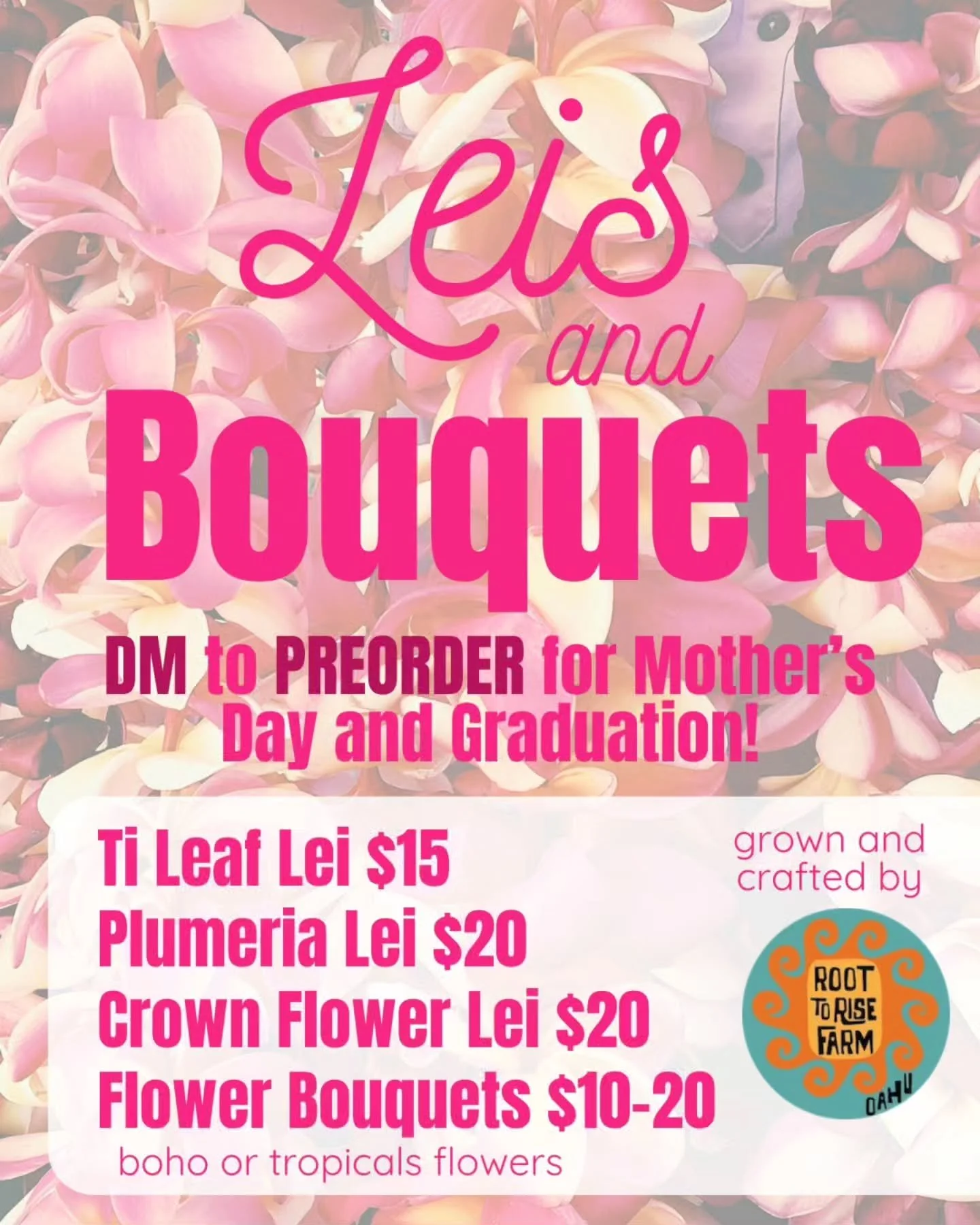 Mother&rsquo;s Day + graduation season are here 🌸✨
Preorders are now open for fresh leis and bouquets, beautifully crafted with local flowers. Perfect for celebrating moms, grads, teachers, and loved ones.

Limited quantities available&mdash;reserve