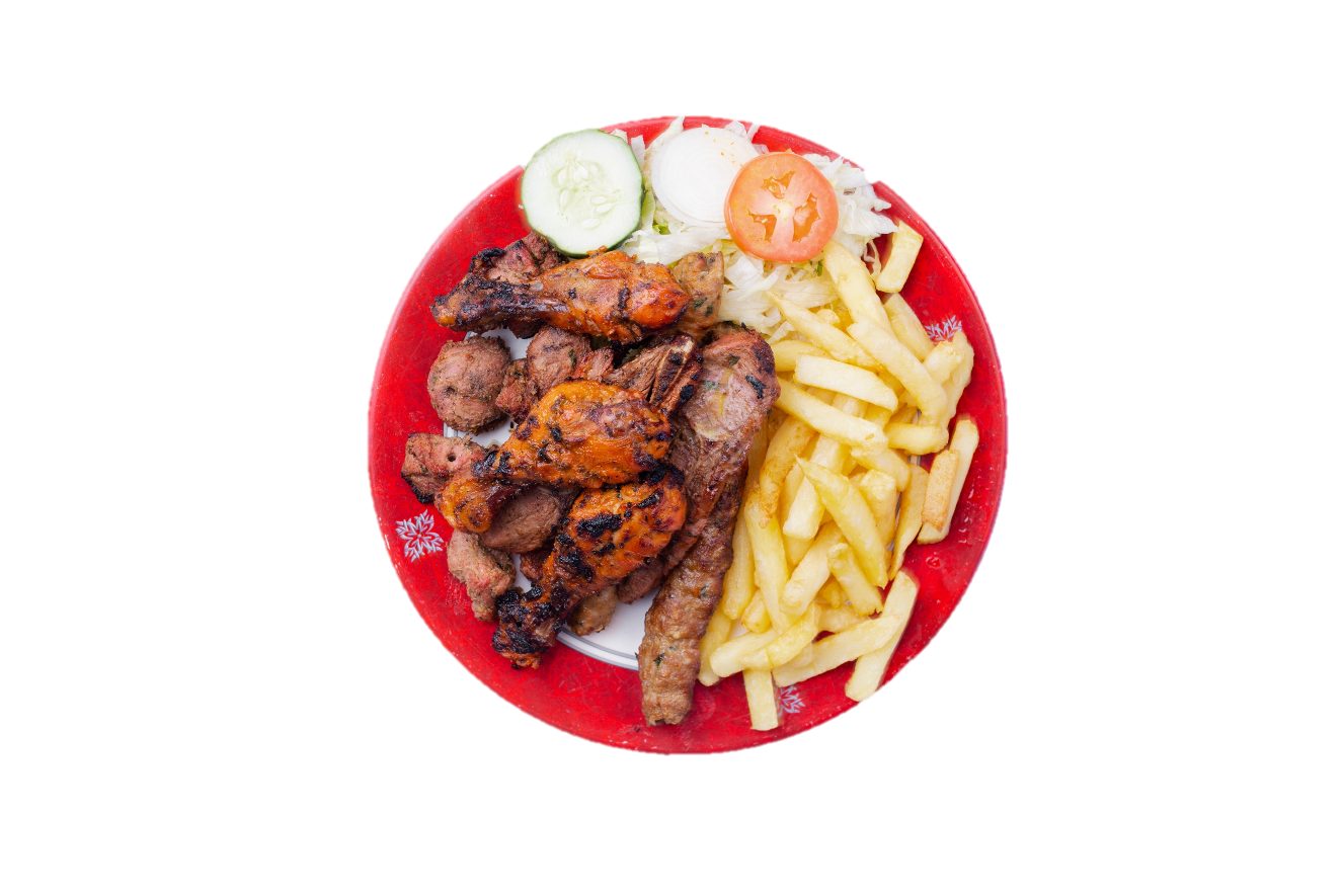 Plate with grilled meats, French fries, and side salad including cucumber, tomato, and onion.