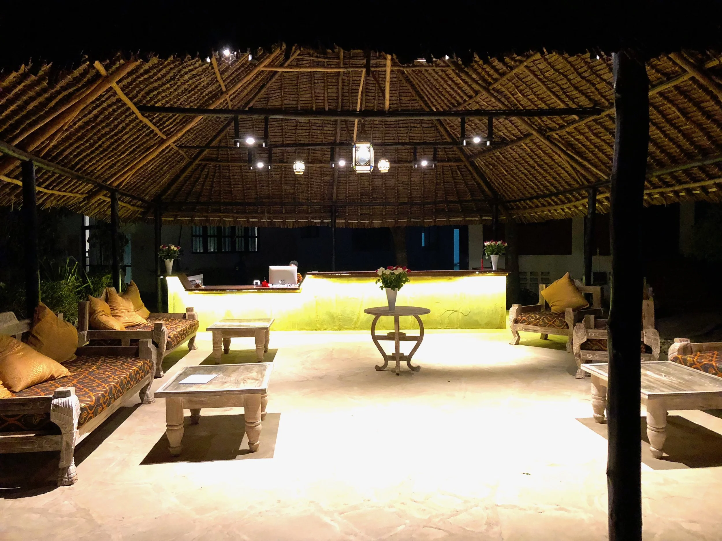 Outdoor bar area with wooden seating, a illuminated counter, and a thatched roof at night.