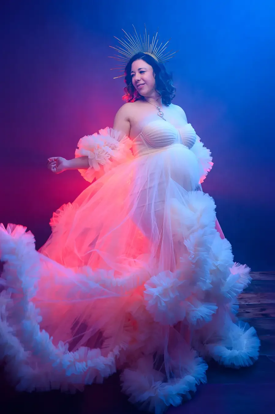 Séance, photo, grossesse, studio, belle robe, robe frou frou, lumière colorée, Paris, Arnaud Deschamps