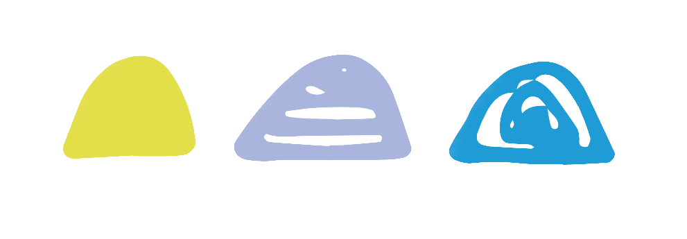 Three abstract mountain shapes in yellow, gray, and blue colors.