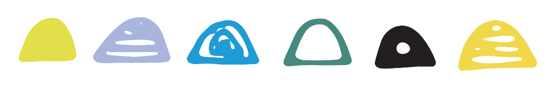 Colorful abstract drawn shapes arranged in a row, resembling stylized hills or mounds, in yellow, purple, blue, green, black, and yellow with black lines.