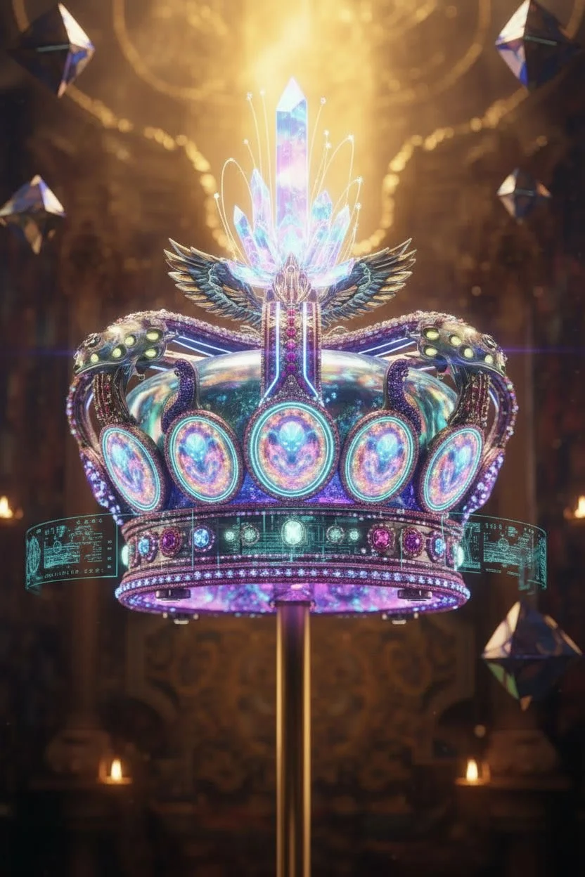 A digital rendering of a futuristic crown with intricate glowing details, adorned with crystals and holographic elements, set against a dark, ornate background with floating geometric shapes.