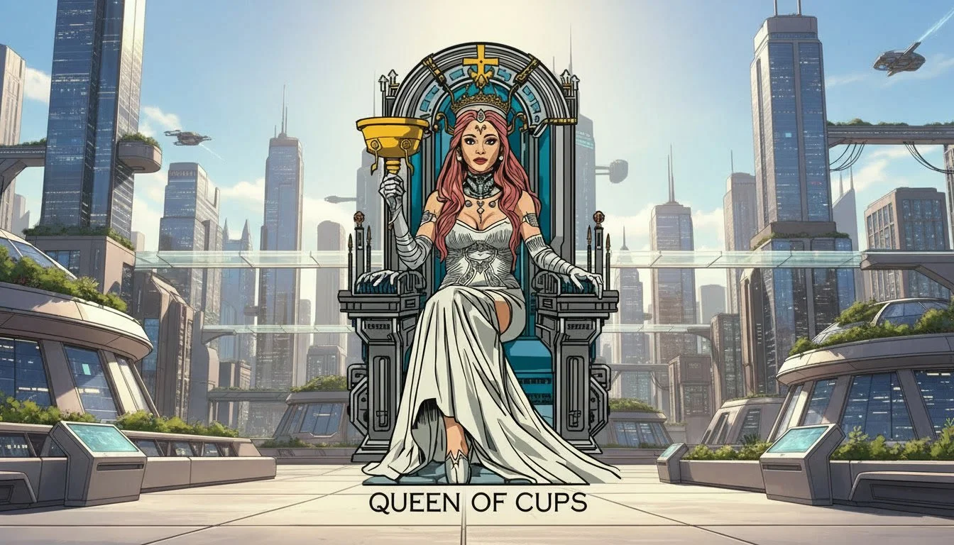 An animated illustration of a queen sitting on a throne in a futuristic cityscape, holding a gold chalice, with tall skyscrapers and flying ships in the background, labeled "Queen of Cups."