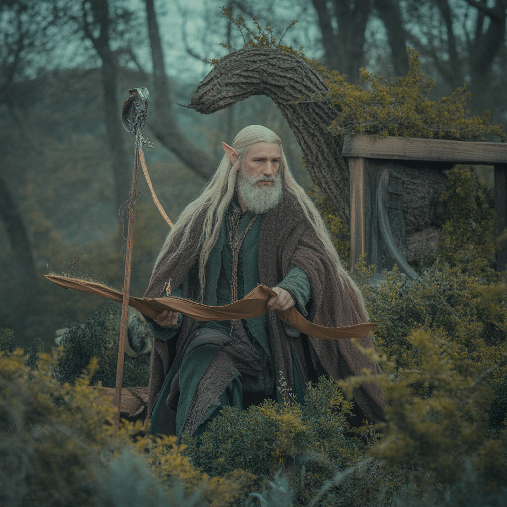 An older man dressed as an elf with long white hair and a beard, kneeling in a forest. He is holding an open book and looking off into the distance. Behind him is a carved wooden structure resembling a bird.