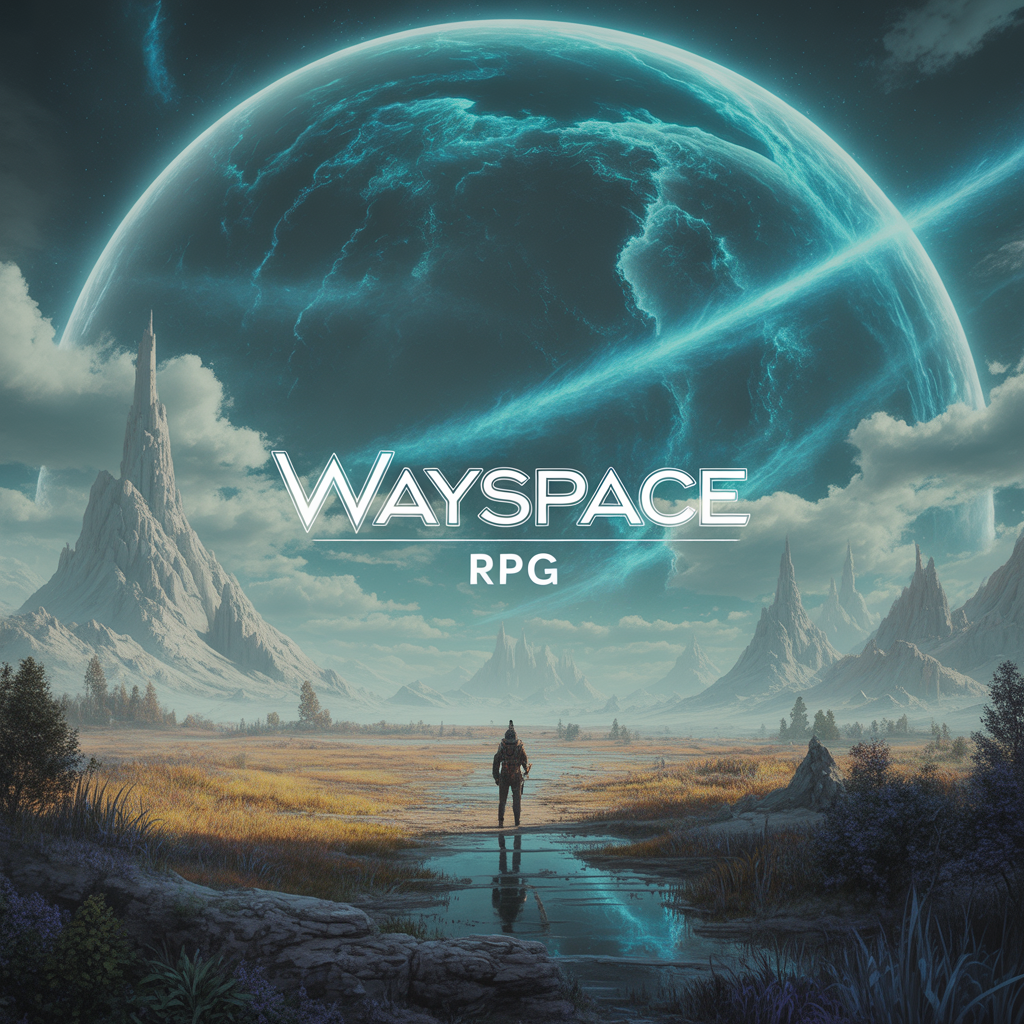 A science fiction landscape showing a person standing on a path in a vast field with towering, jagged mountains and a large planet with glowing blue atmosphere and lightning in the sky above.