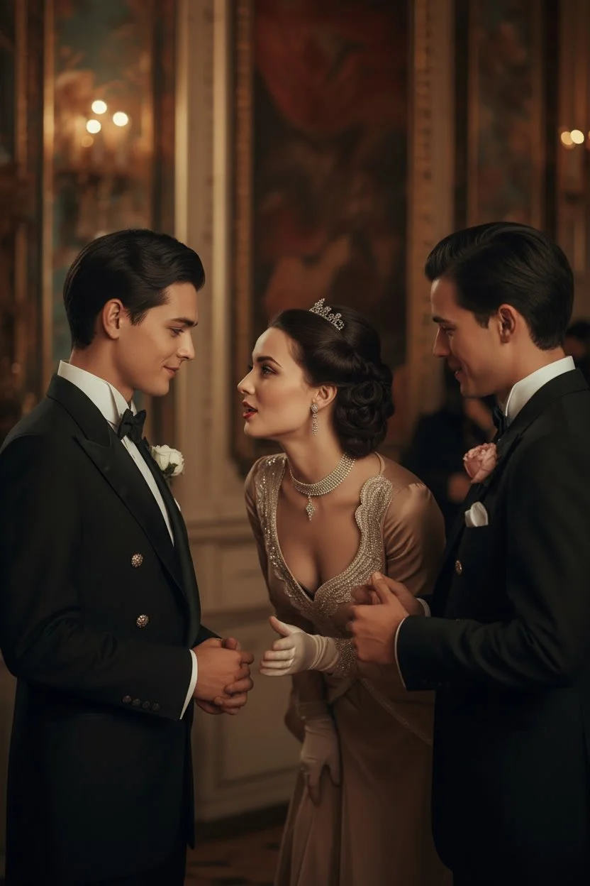 A woman in a vintage dress and jewelry, wearing a tiara, looks at two men in tuxedos, who are holding hands, in an ornate, elegant room with classic artwork and lighting, possibly at a wedding or formal event.