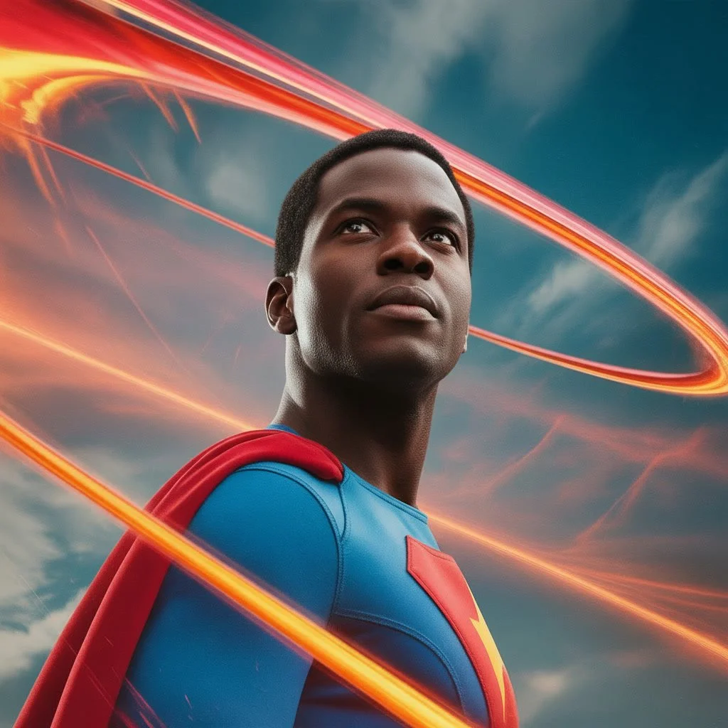 A man dressed as Superman with a hero costume, looking up with a serious expression, set against a sky background with dynamic, glowing light streaks surrounding him.