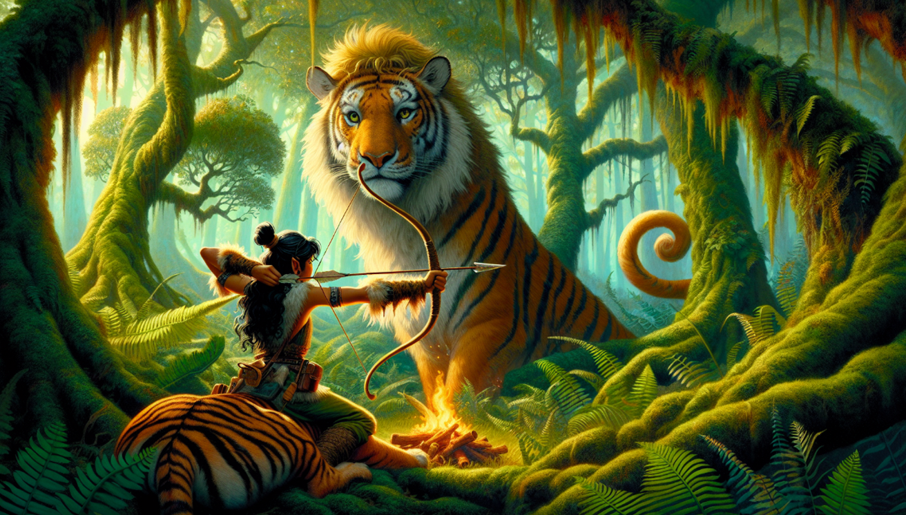 A fantasy illustration of a woman in a jungle taking aim with a bow and arrow at a large tiger, with a smaller tiger lying at her feet. The scene is set in lush greenery with tall trees and hanging moss.